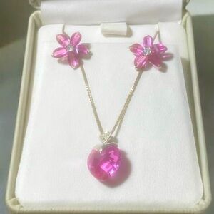 NWOT Pink Crystal Heart Necklace & Flower Earrings
